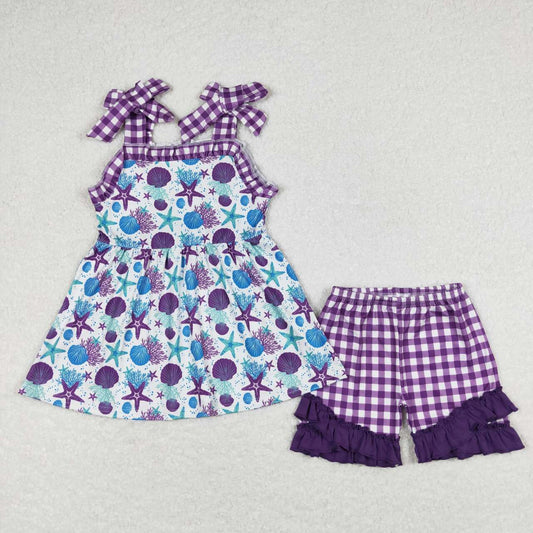 purple starfish plaid short Girls Set