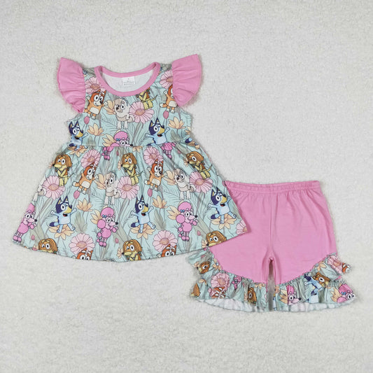 pink flower Cartoon Dog print Summer Girls Suit