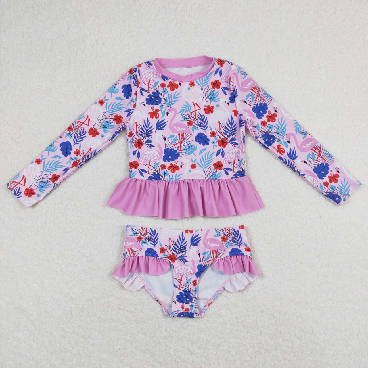 2pc pink flamingo flower long sleeve Swimsuit