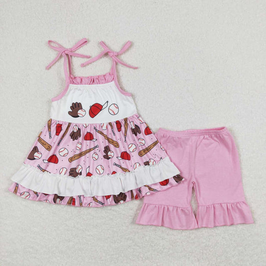 pink baseball print short Girls Set