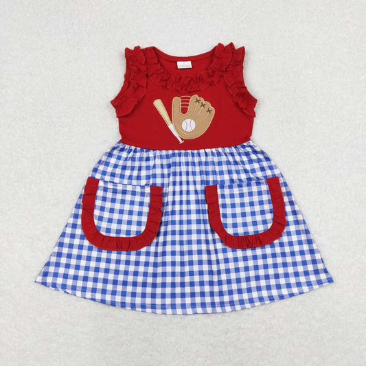 Red baseball embroidery blue plaid Girls Dress