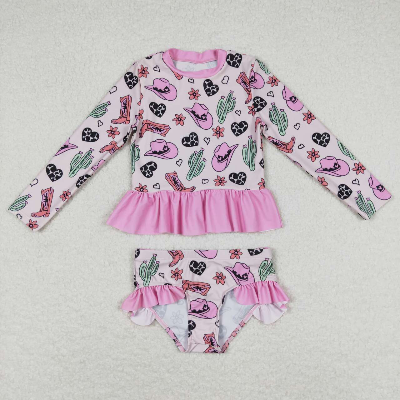 2pc western pink cactus hat print long sleeve Swimsuit