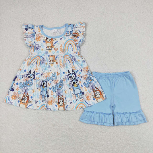 Blue cartoon dog print tier short Girls Set