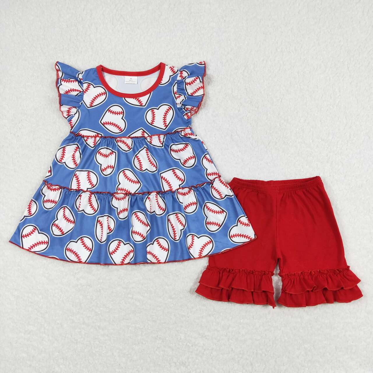 Blue Baseball PrintTier Short Flutter Shirt short Girls Set