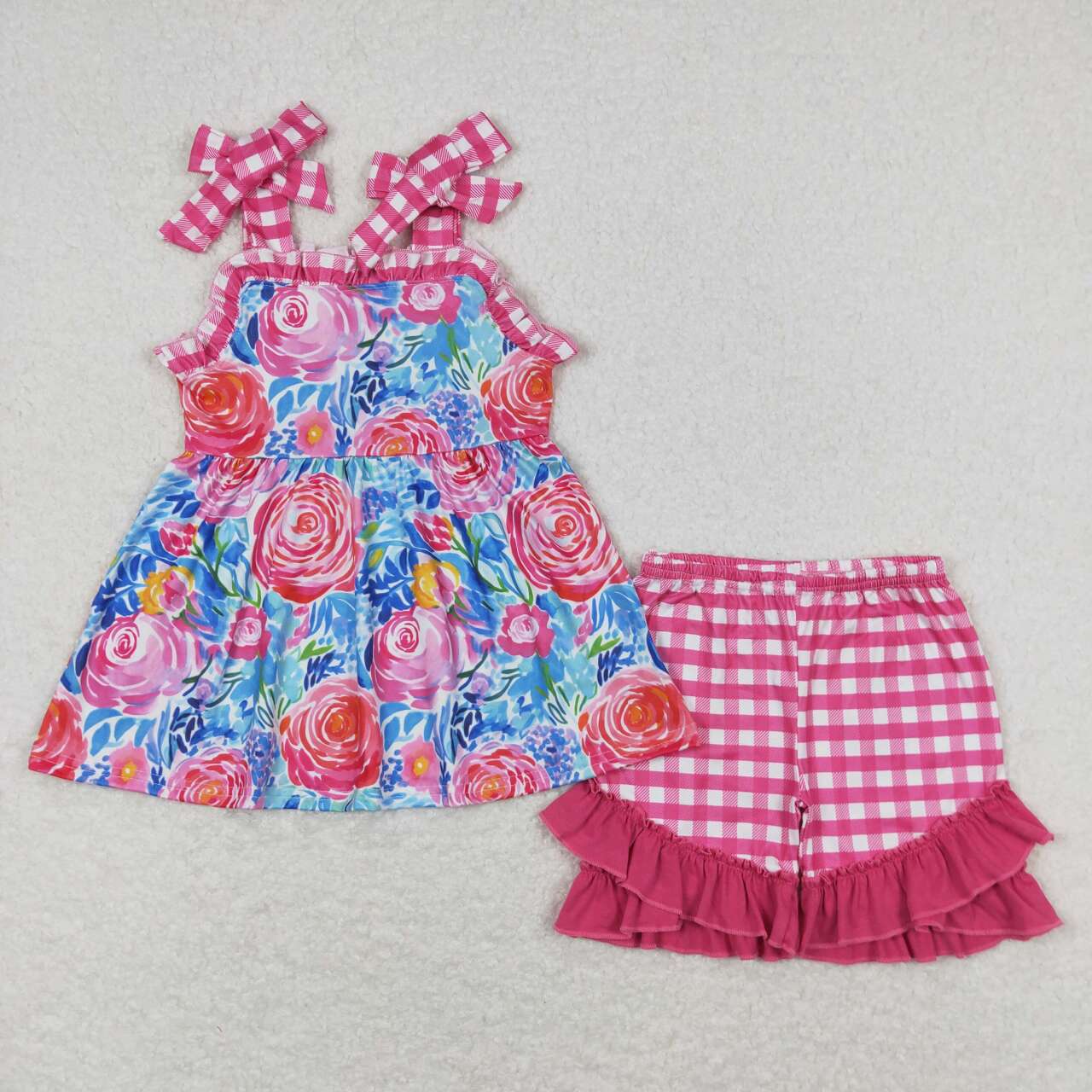 pink flower plaid Girls Set