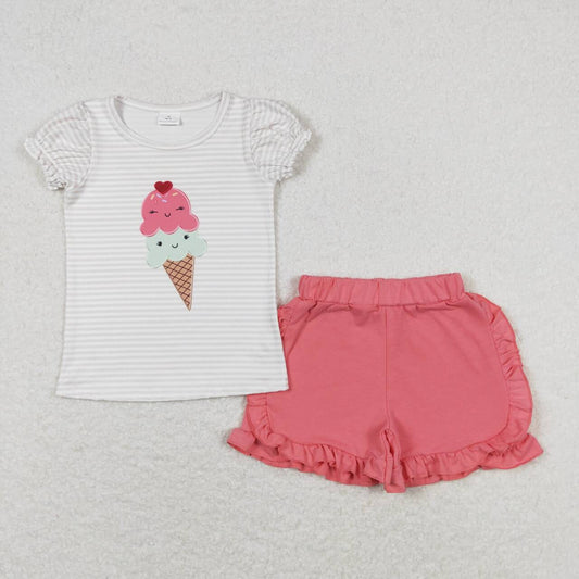 stripe embroidered icecream Girls set