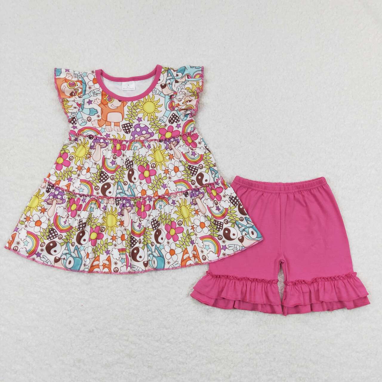 flower Cartoon Dog Tier Short Flutter Shirt short Girls Set