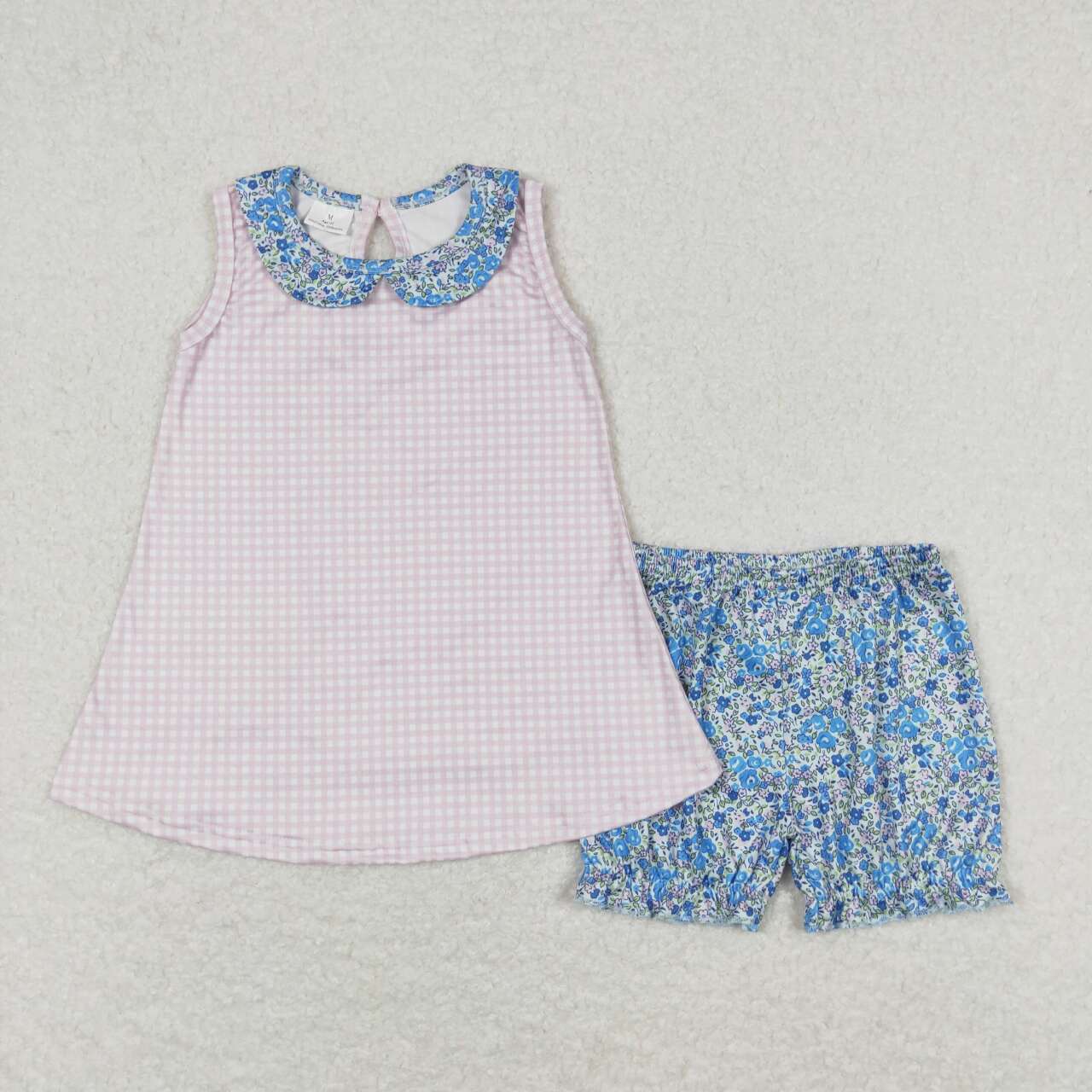 Pink plaid flower short Girls Set