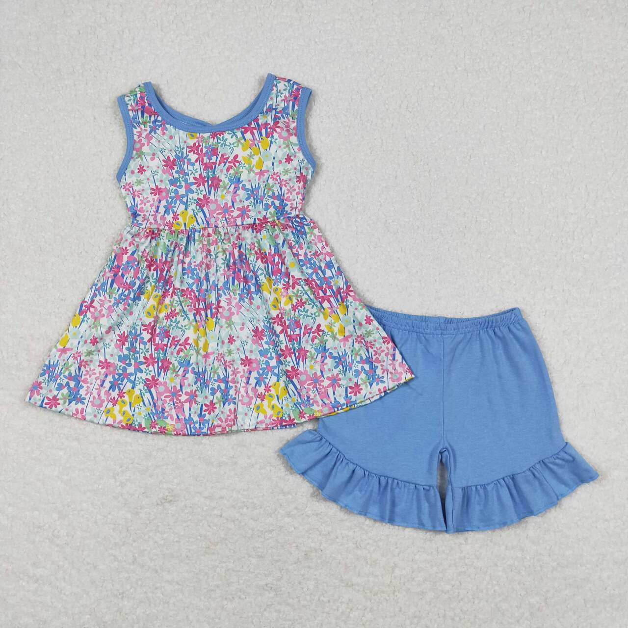 blue floral sleeveless Girls Suit