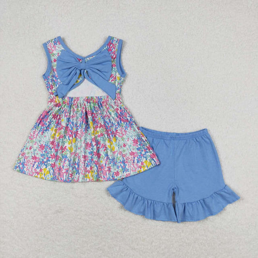 blue floral sleeveless Girls Suit