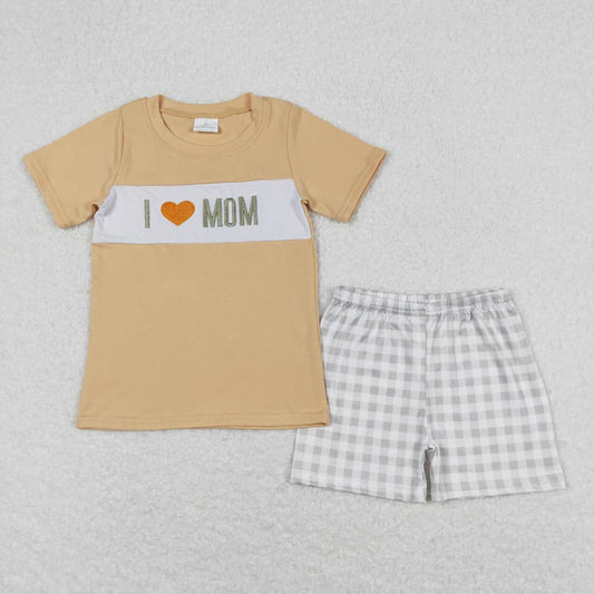 i love MOM Embroidery plaid Boy Set