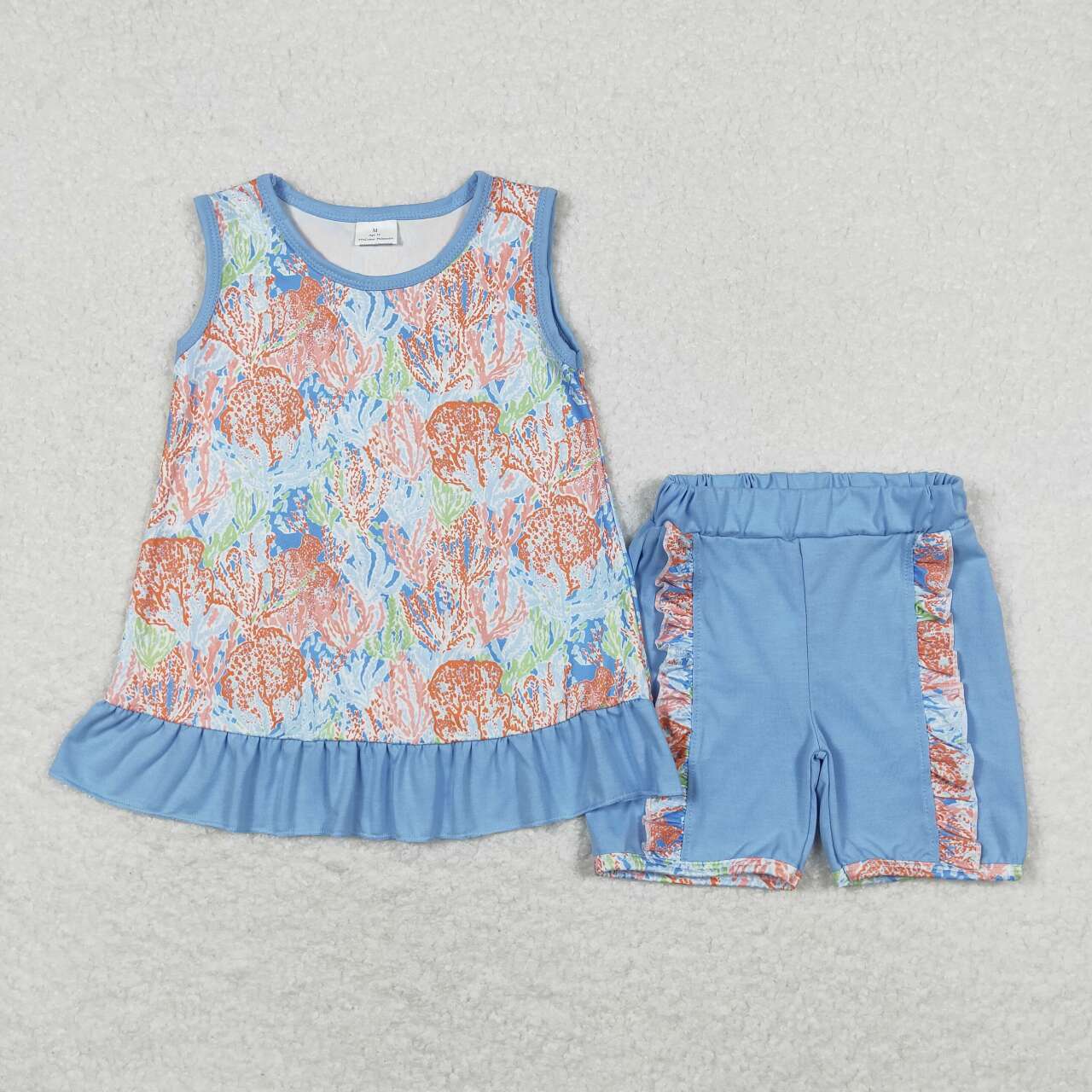 Blue Floral Sleeveless Summer Girls Suit