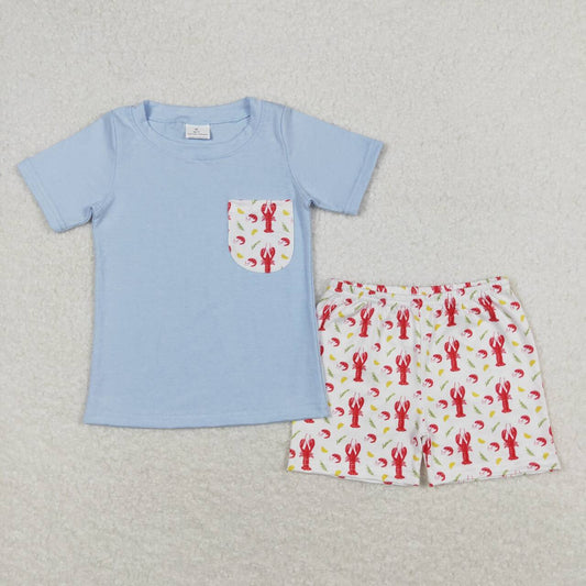 blue lobster print short sleeve boy set
