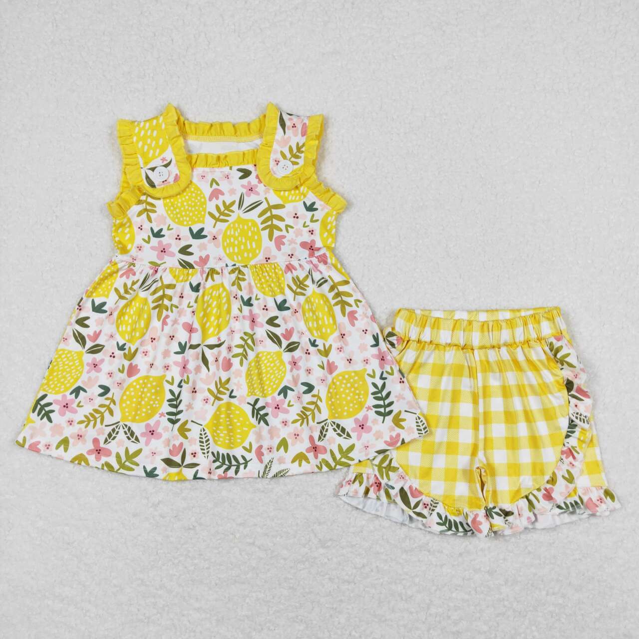 lemon flower Plaid short sleeve Summer Girls Suit