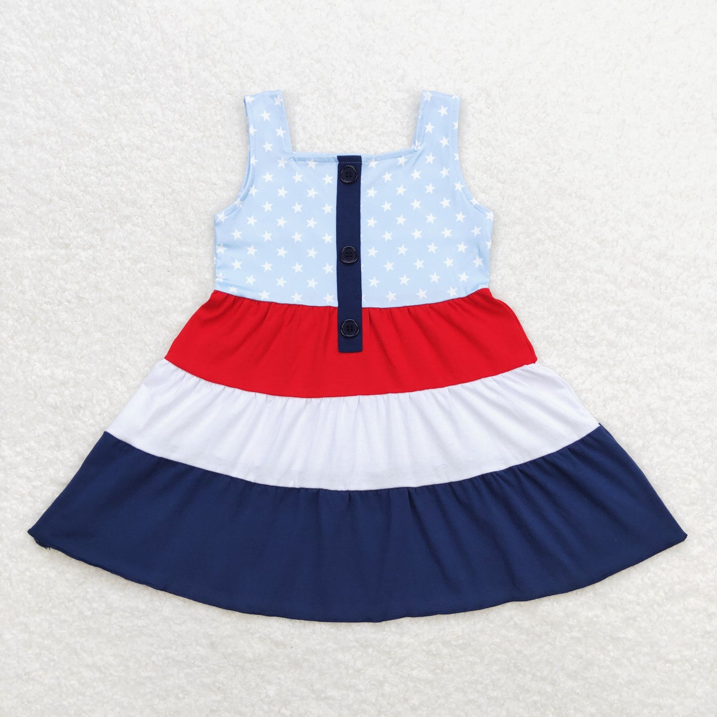 july of 4th stars blue red white sleeveless with lace trim Girls dress