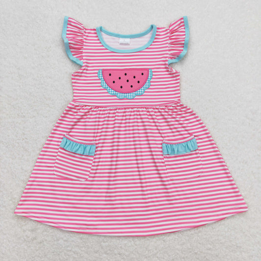 Pink watermelon embroidered blue short sleeves Girls dress