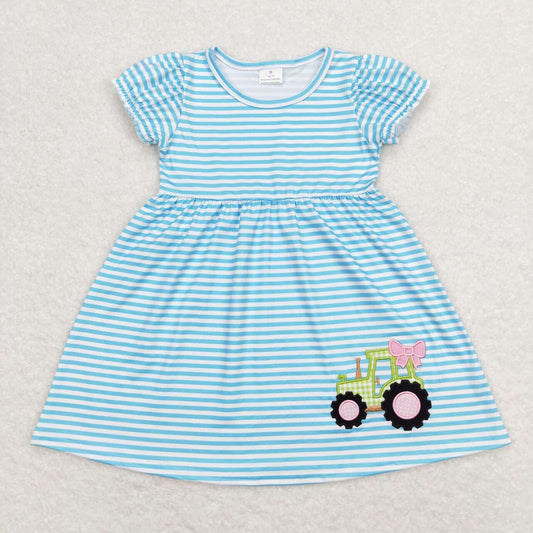 blue striped tractor embroidery Girls dress