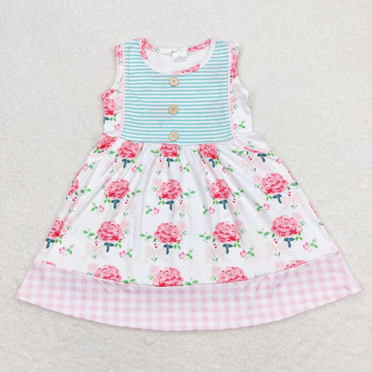 pink floral sleeveless plaid trim Girls dress