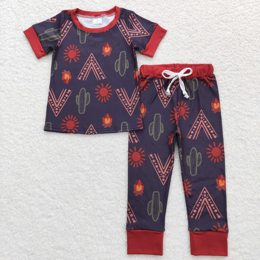 Red Western Cactus Short Sleeve Long Pants Pajamas