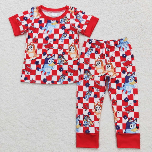 Red Plaid Cartoon Dog Short Sleeve Long Pants Pajamas