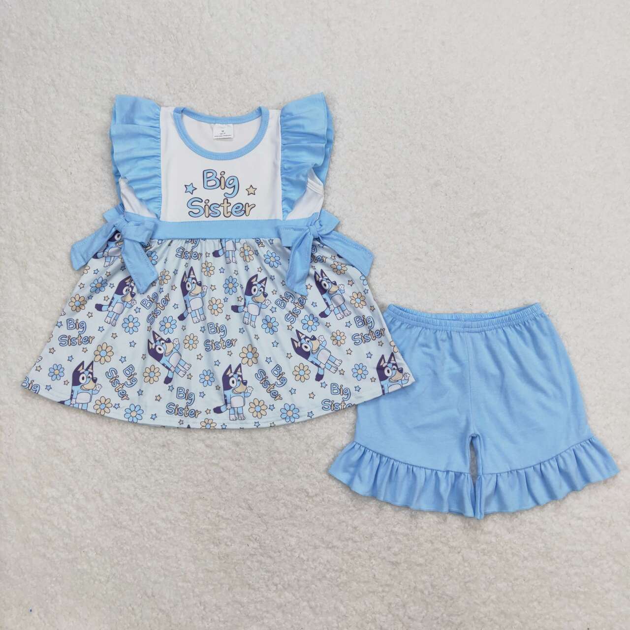 Blue Cartoon big sister short sleeves Girls set