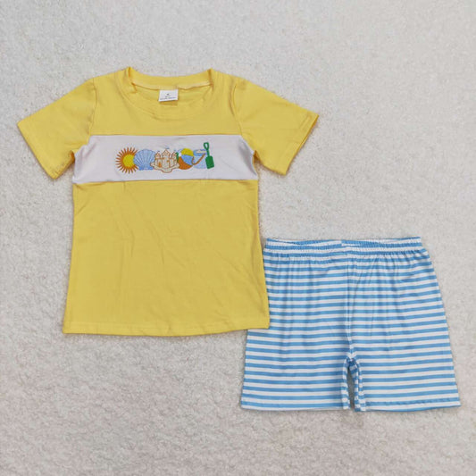 Yellow Embroidered Baker blue stripe Boy Set