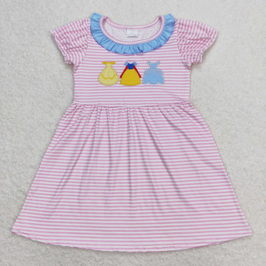 Pink striped Princess embroidery Girls dress