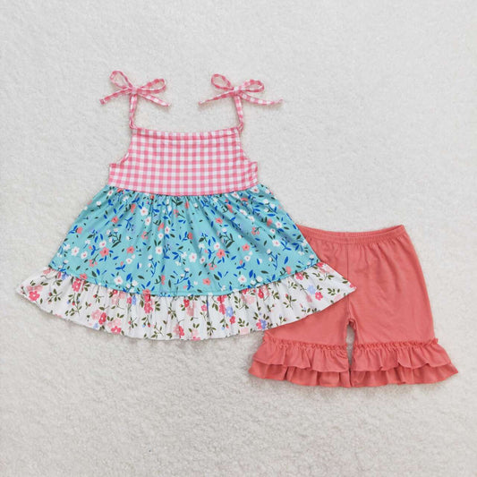 pink plaid flower print Girls set