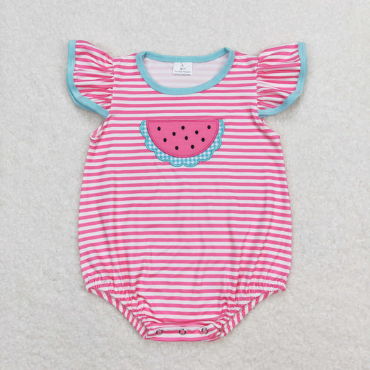 pink striped watermelon Embroidered Baby Romper