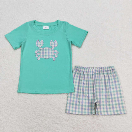 Embroidered blue crab plaid boy set