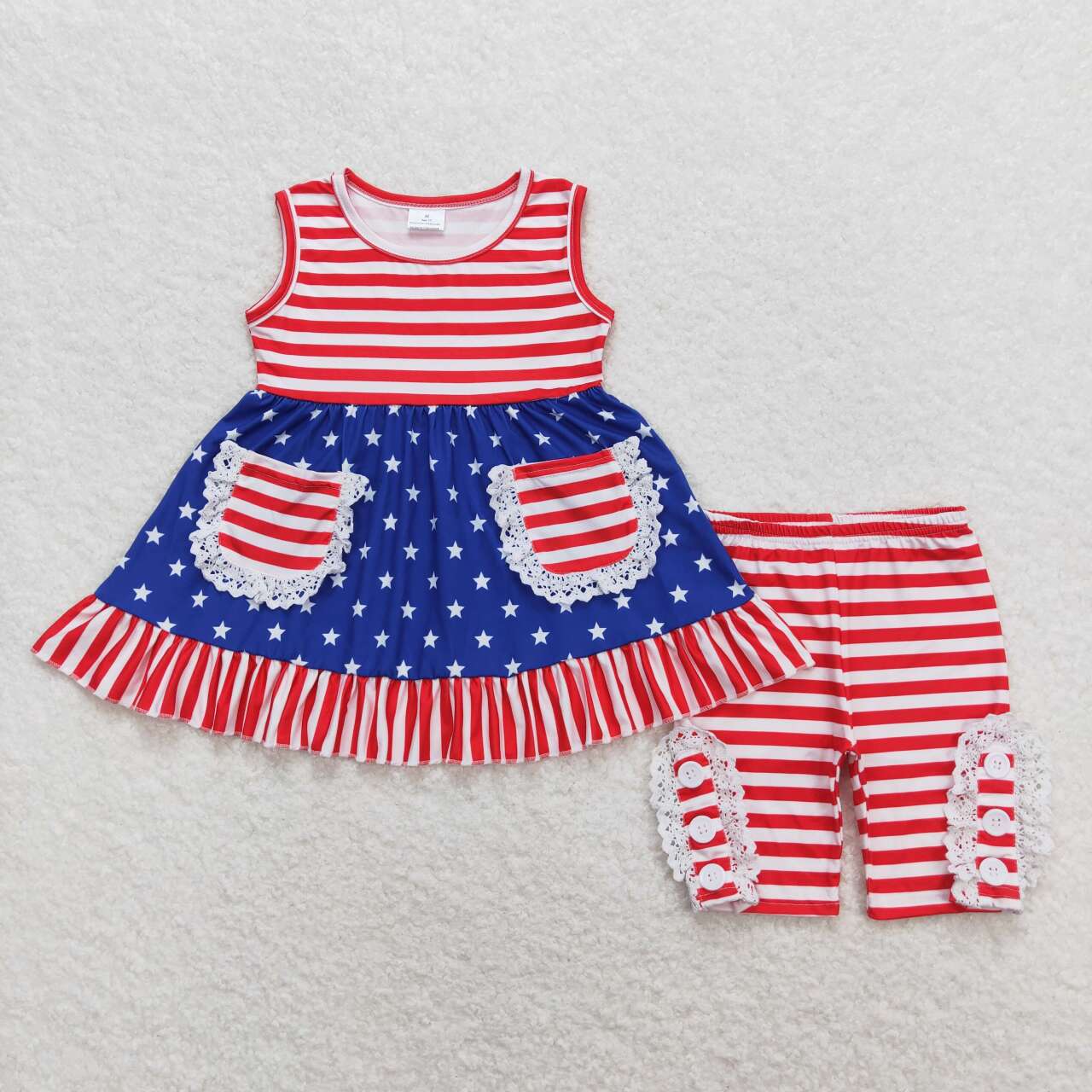 july of 4th Blue Stars with Pockets print Girls set