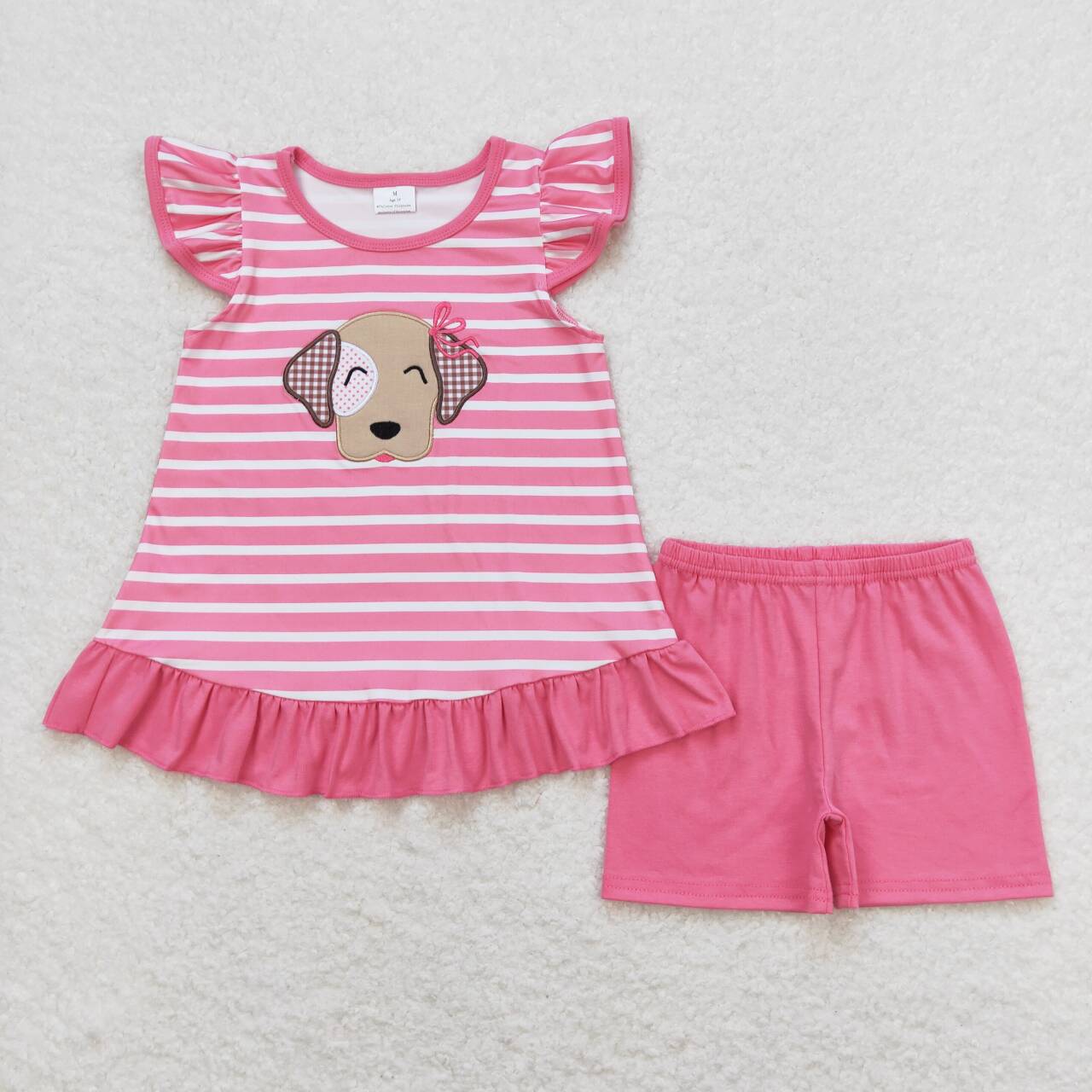 Pink stripe Embroidered dog Girls set