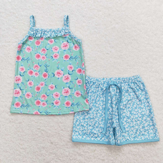 Blue Floral sleeveless Summer Girls Suit