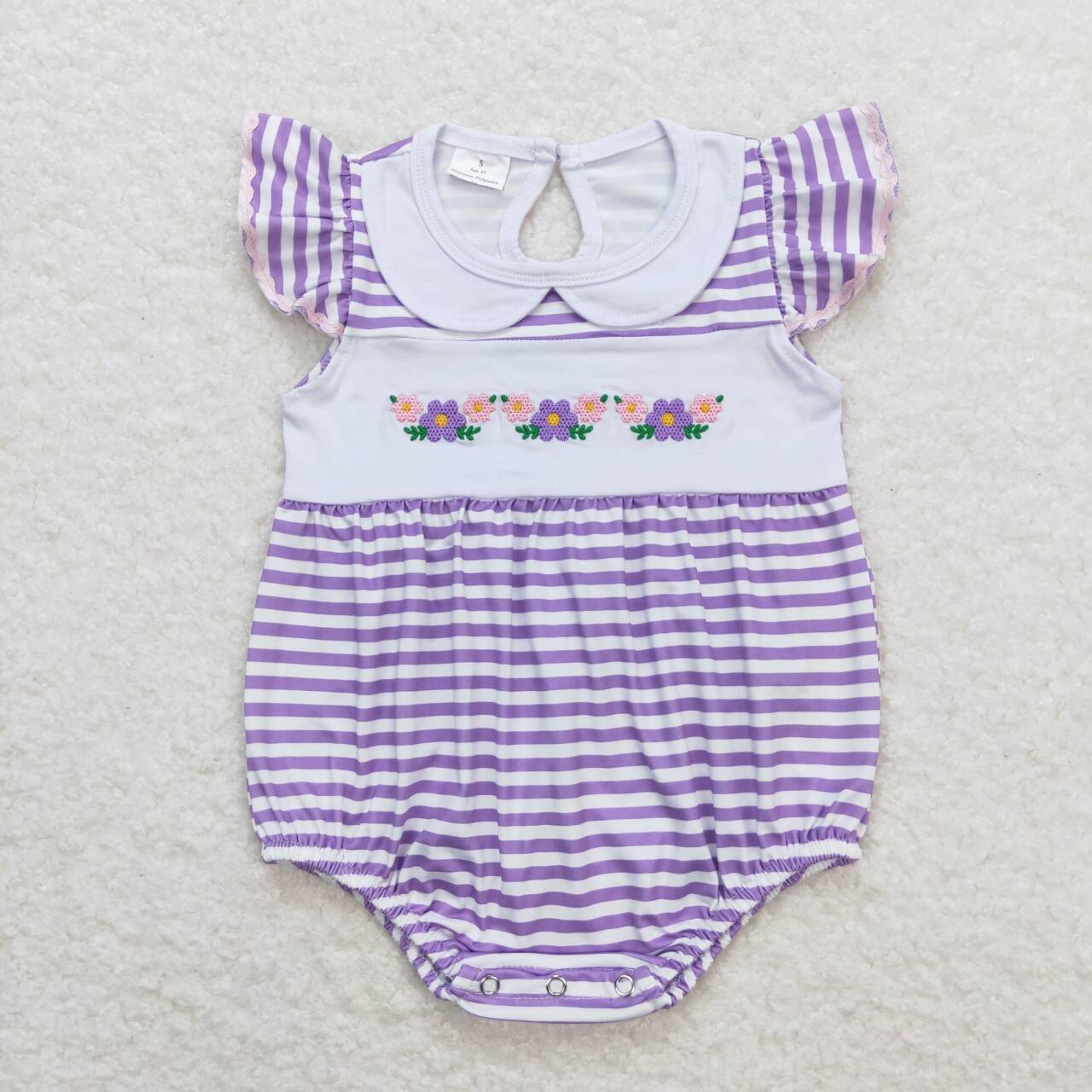 purple striped flower embroidery print Baby Romper