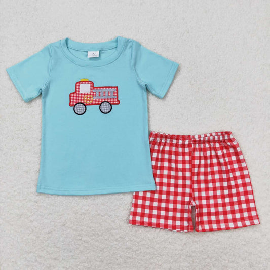 Blue Embroidered car red plaid Boy Set