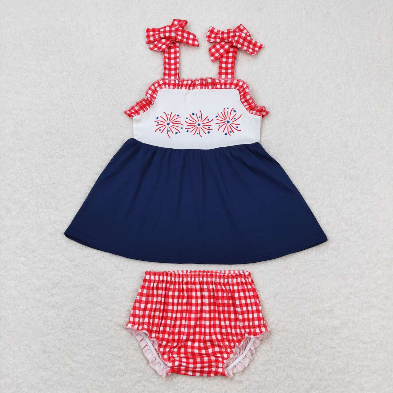 July of 4th fireworks red plaid Bummies Girls Set