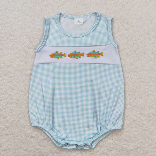 blue plaid Embroidered sleeveless fish Baby Romper