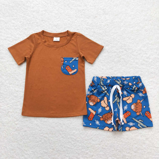 Western Brown Cow Cactus print short sleeve boy set