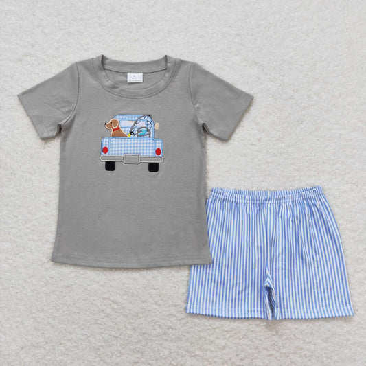 Grey Embroidered fish Dog Boy Set