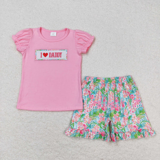 Pink i love Daddy Embroidered flower Girls Suit