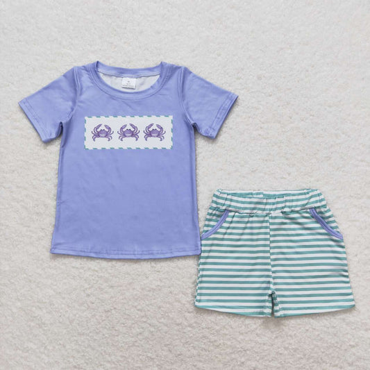 purple crab stripes print short sleeve boy set