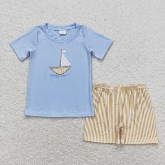 Blue Embroidered sailboat Boy Set