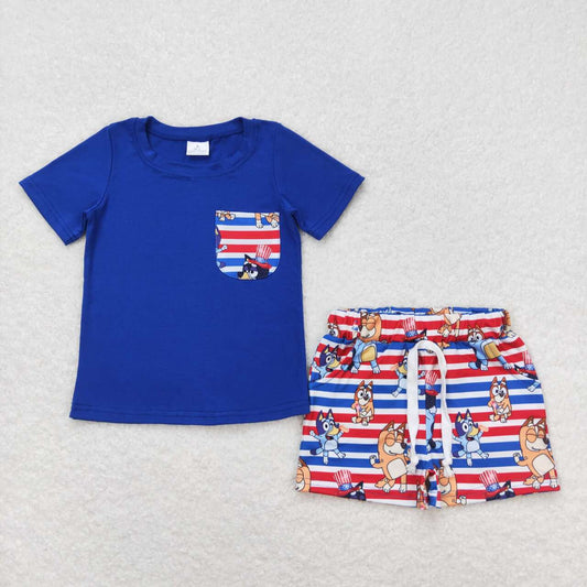 july of 4th cartoon dog print short sleeve boy set