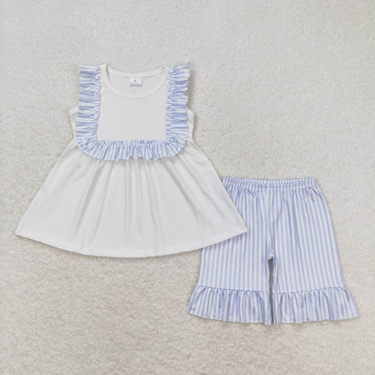 White blue striped pants summer girl suit