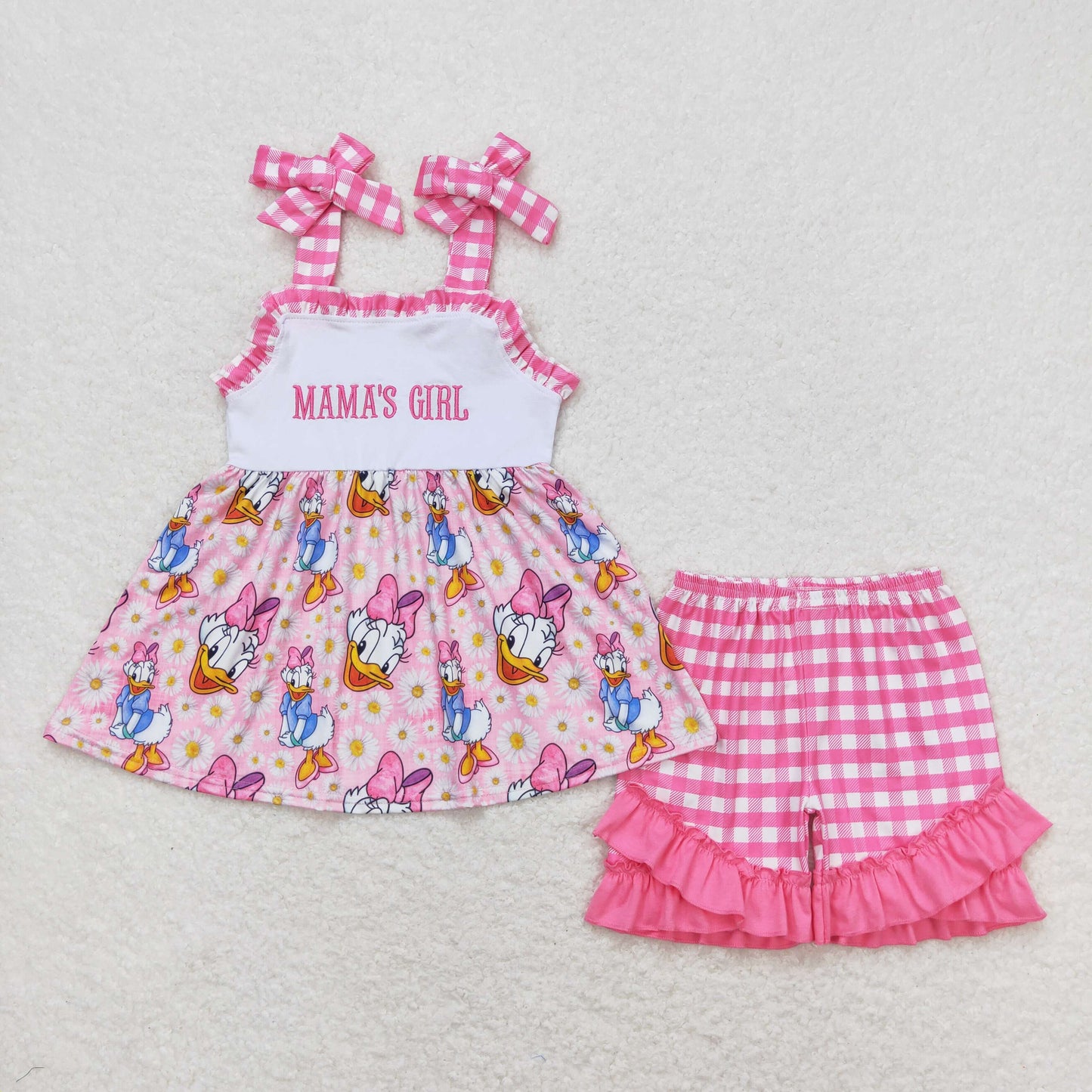 Pink embroidered MAMA'S Girls Cartoon plaid Girls set