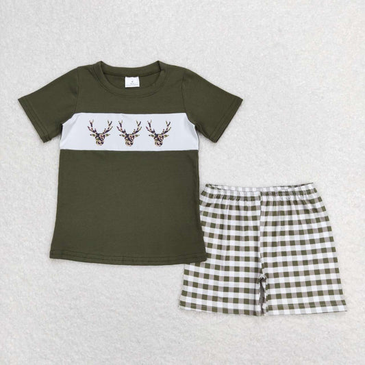 Green duck print plaid short sleeve boy set