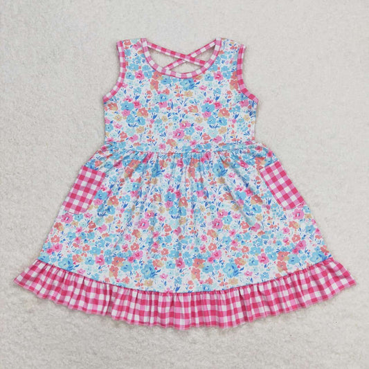 Pink floral sleeveless plaid with pockets Girls set