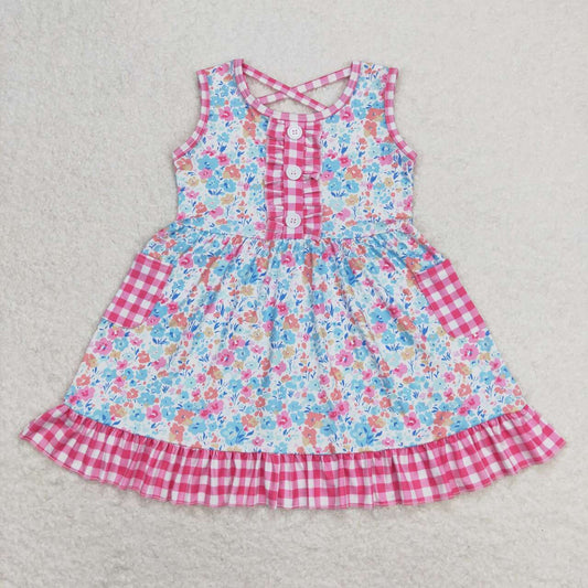 Pink floral sleeveless plaid with pockets Girls set
