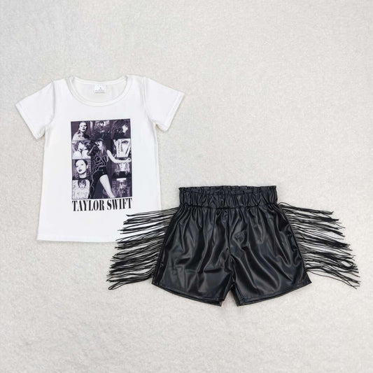 Black Cartoon shirt with Tassel leather Girls Short Summer Girls Set