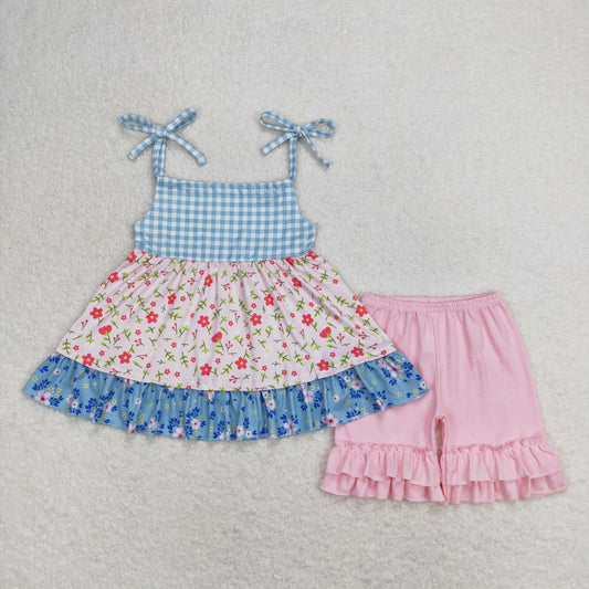 blue plaid flowers pink short Girls Set